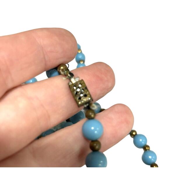 Single Strand Blue White & Gold Beaded Necklace Vintage Art Glass Opalescent - Picture 7 of 10